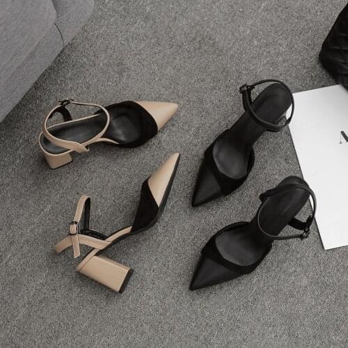BaoYaFang 2020 Summer Sandals Pointed Toe Women Thick Heel Fashion shoes woman Flock sandals Ankle Strap Buckle Shoes Female