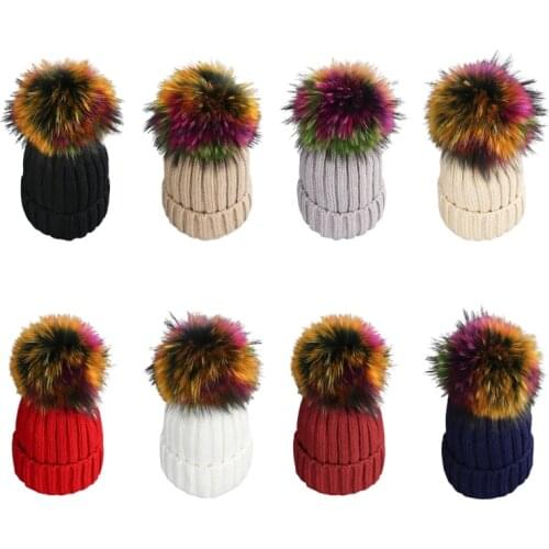 Adult Kids Winter Ribbed Knitted Beanie Hat with Detachable Colorful Pom Pom Windproof Ski Cuffed Skull Cap Ear Warmer