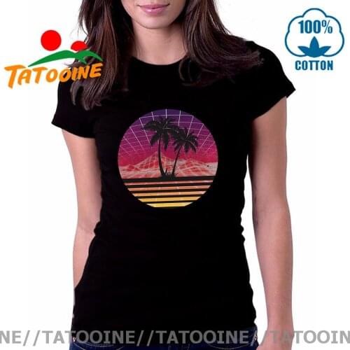 Tatooine Hawaii Mountain Vintage 80s Outrun Sunset Palm Tree Silhouette T shirt Retro Vaporwave T-shirt women Cool Tropical Tees