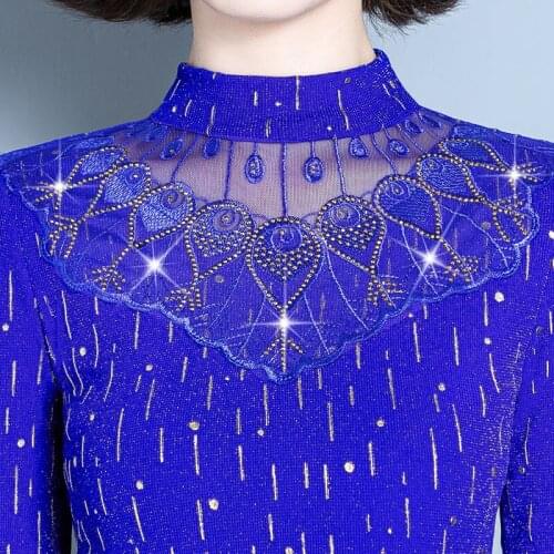 Women 2021 Autumn Winter Blouse Shirt Fashion Female Long Sleeve Hollow Out Mesh Shirt Elegant Diamond Shirt Ladies Tops X188