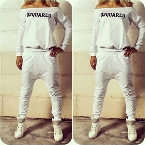 Women 2 Piece Set Spring Tracksuits Printed Boat-neckline Long Sleeve Top Harem Pants