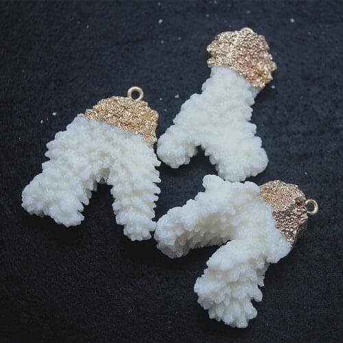 1pc nature white coral pendants with golden color raw sea coral beads size 30x40mm for women necklaces making accessories freee