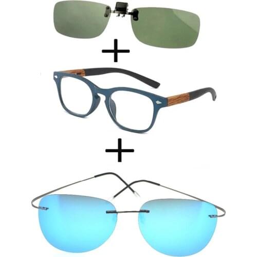 3Pcs!!! Comfortable Wood Squared Frame Reading Glasses for Men Women + Alloy Polarized Sunglasses Pilot + Sunglasses Clip