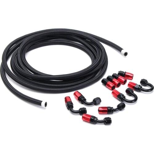 5M AN6 Black Stainless Steel Braided Nylon Hose Fuel Pipe Oil Cooler System Adapter Kit 6AN 0/45/90/180Degree Hose End Fitting