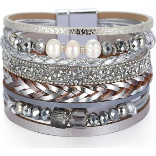 Amorcome Vintage Pearls Crystal Beads Charm Leather Bracelets Women Bohemian Braided Wide Wrap Bracelet Wristband Femme Jewlery