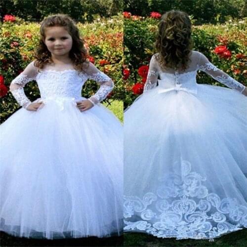 Flower Girl Dresses For Wedding Fluffy Tulle Lace Applique Long sleeve Ball Gown Little Girls First Holy Communion Pageant Dress