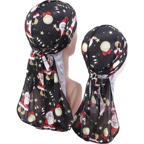 Christmas silky durag headwrap Daddy and baby Turban Bandanas Hair bands kids headscarf Long Tail Long Tail Hat Hair Accessories