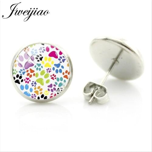 JWEIJIAO Animal Dog Paw Print Pattern Round Stud Earrings 12MM Glass Cabochon Dome Earring Girl Birthday Gifts Jewelry NT313
