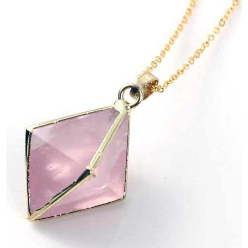 Kraft-beads Popular Light Yellow Gold Color Natural Rose Pink Quartz Pendant Pyramid Necklace Link Chain Fashion Jewelry