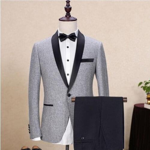 Mens Gray Groom Tuxedo Black Shawl Lapel Jacket Wedding Suits Custom Made Wedding Tuxedos Suit (Jacket+Pants)