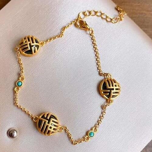 Snew inlaid natural black Chalcedony round brand bracelet Chinese ethnic style retro literary cold wind womens brand jewelry