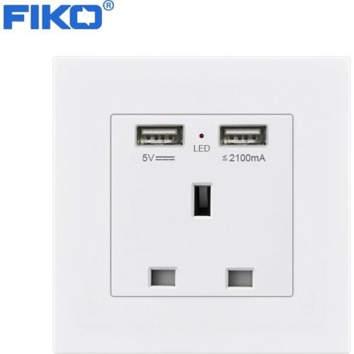 FIKO PC panel Socket With dual Usb ， family hotel 13A British socket with dual USB 5V 2100mA wall power socket 86mm*86mm