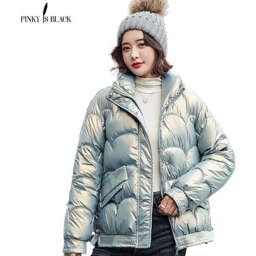 PinkyIsBlack Autumn Winter Coat Women Warm Shinny Thick Jacket Fashion Stand Collar Short Parkas Winter Jacket Women Clothing