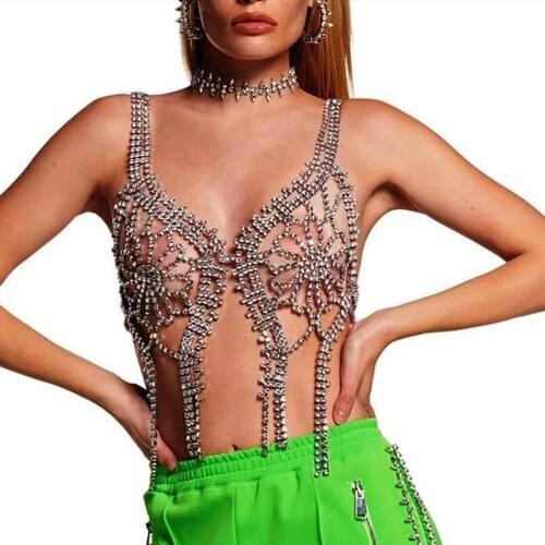 Handmade Luxury Rhinestone Bra Flower Shape Tassel Chest Chain Bikini Bra Top for Women Bling Crystal Hollow Bralette Underwear
