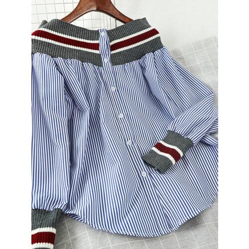 Spring Autumn Womens Patchwork Shirts Striped Navy Style Loose Retro Shirt Long Sleeve Lantern Sleeve Shirt Woman Tops PL116