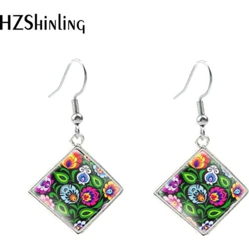 2020 Rhombus Hook Earrings Polish Folk Flower Pattern Dangle Drop Earrings Glass Cabochon Stainless Steel Earrings Jewelry