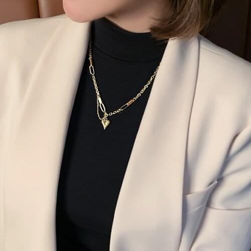 TIMEONLY Vintage Chunky Chain Love Heart Necklaces for Women Gold Color Rectangle Linked Asymmetric Pendant Chokers Necklace