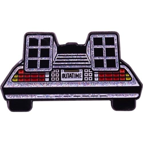 A back view of the DeLorean time machine outatime pin travel through time along with the car