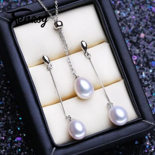 FENASY 925 Sterling Silver Jewelry Sets Natural Pearl Drop Earrings Custom Drop Pendant Chain Choker Necklaces For Women