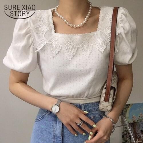 2021 Korean Chic Fashion Style Summer Solid Square Collar Lace Top Casual Sweet Sexy Puff Sleeve Women Blouse Shirt 14705