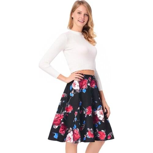 2019 spring summer new womens high waist A word skirt Retro red rose print Cute fashion office lady Pleated skirt