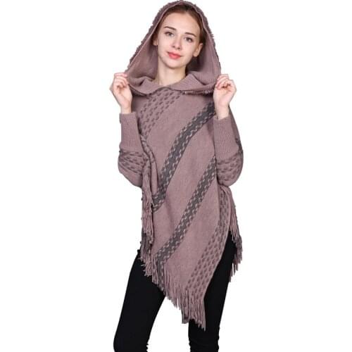 Plus Size Knitted Hooded Shawl Cloak Women Tassel Warm Long Sleeve Cape Coat Ponchos