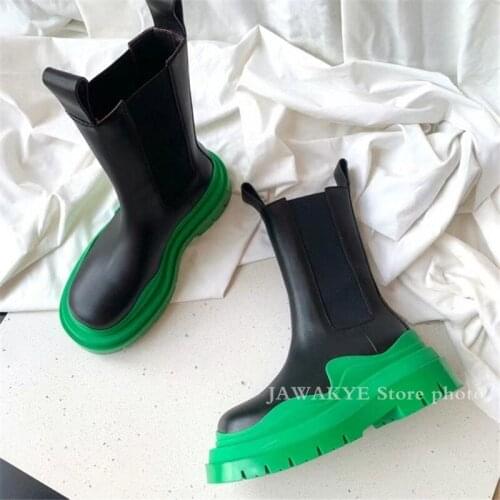 Falshion Brand Boots for Women Multicolor Thick Botton Mid Calf Ankle Boots Autumn Winter Real leather Motocrycle Boots Mujer