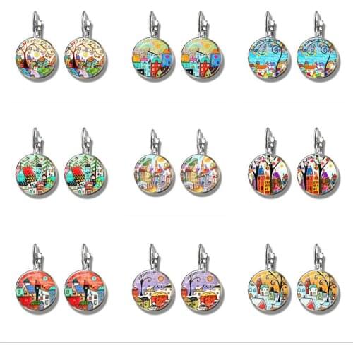 New Arrival Colorful House and Tree Women Stud Earring Abstract Oil Painting House Glass Dome Womens Earrings