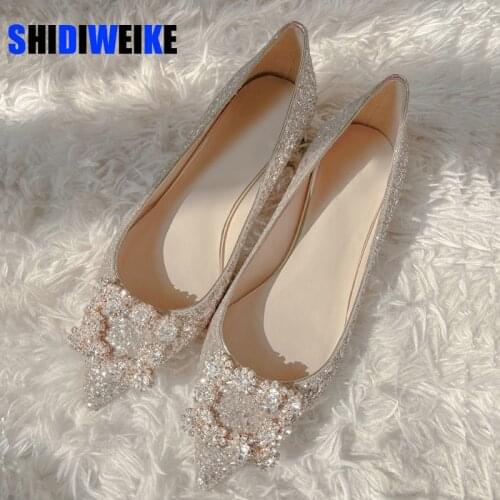 Wedding Shoes Woman Square Buckle Crystal Pointed Toe Flats Glitter Shallow Slip On Comfy Loafers Bling Bling 33-44 Moccasins