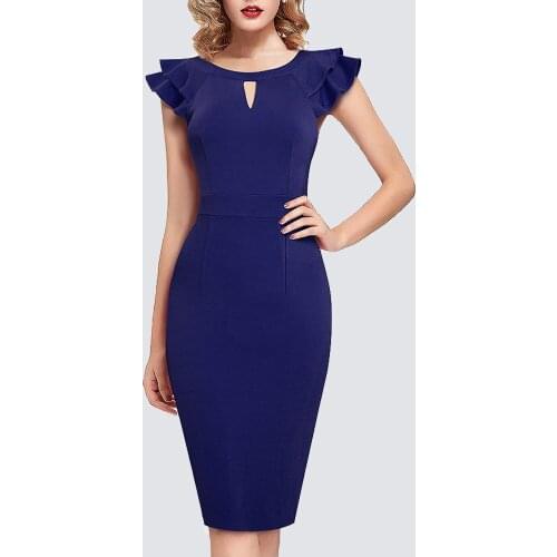 Women Intellectual Elegant Solid Color Hollow O Neck Ruffle Sleeve Business Lady Bodycon Pencil Dress HB648
