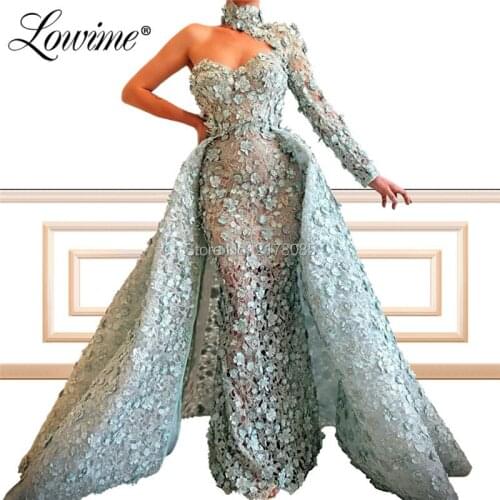 One Shoulder Lace Mermaid Evening Gown Illusion Long Prom Dresses Couture Full Sleeve Arabic Dubai Middle East Women Party Dress
