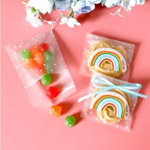 100pcs Transparent Plastic Bags Transparent Cellophane Polka Dot Candy Cookie Bag Self-Adhesive Gift Bag With Thank You Stickers