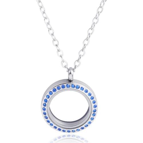 25mm 316L Stainless Steel Magnetic Opening Round Blue Crystal Clear Glass Locket Pendant Floating Women Jewelry O-shaped Chain
