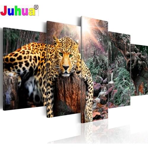 5 Panel Forest Leopard diamond painting cross stitch Animal diamond embroidery multi-Panel Diamond mosaic wall picture decor