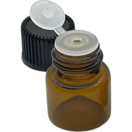 50pcs 1ml Small Amber Glass Bottle With Plastic Cap Flip Plug Reducer Screw Cap Mini Empty Vials