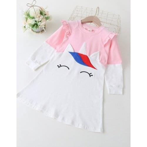 Spring Fall Cotton Kids Dresses for Girl Cute Cartoon Animal Horse Patchwork Long Flying Sleeve Princess Dress Girl Dress 1-6Y