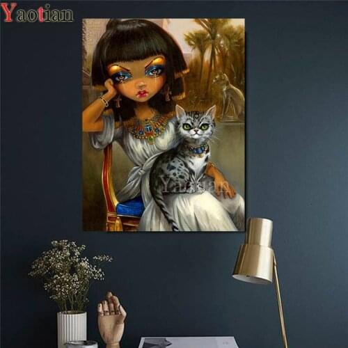 Egyptian Girl with Cat 5D Diamond Painting Full Drill Square Round DIY Cross Stitch Rhinestone Embroidery Mosaic Picture