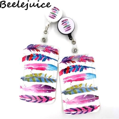 Colorful Feathers Leaves Card Holder Women Men Business Lanyard Badge Card Case Women Card Cover Lanyard ID Name Card Holder Bag
