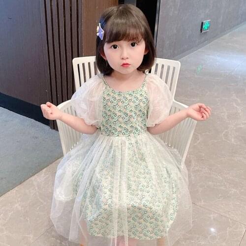 LISUNNY Girls Dress 2021 Summer Children Lace Princess Dress Puff Sleeve Birthday Party Dress Outdoor Kids Vacation Costume