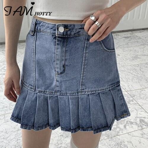 Kawaii High Waist Pleated Denim Skirt Women Vintage Korean Style A-line Mini Trumpet Shorts Skirts Y2K Chic Streetwear Iamhotty