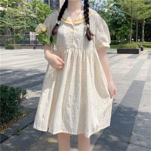 Sweet Girly Yellow Floral Printed Women Dress Summer Fairy Children High Waist Peter Pan Collar Loose Casual Mini Dress Female