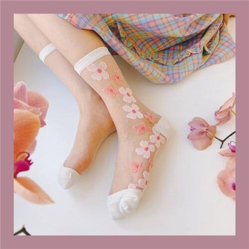 Jeseca Hot Summer Floral Print Women Socks Nylon Transparent Silk Sock for Japanese Kawaii Girls Cute Sock Harajuku Vintage Sock