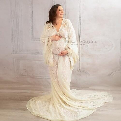 Bohemian Long Bell Sleeves Maternity Dress Pregnant Gown Lace Robe Kaftan Couture for Woman Photography Prop Baby Shower Dress