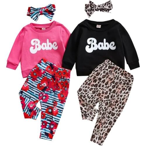Newborn Infant Baby Girl Letter Pullover Tops Leopard Flower Print Pant Headband Outfits Clothes Set Long Sleeve Autumn Clothing
