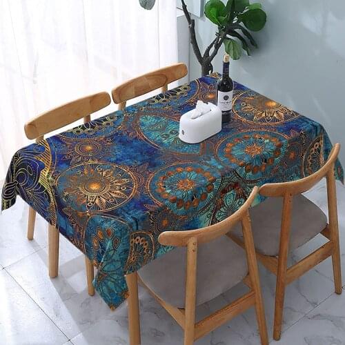Blue Bohemian Style Mandala Gold Flowers Waterproof Tablecloth