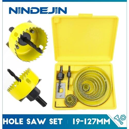 NINDEJIN 8/11/16pcs Hole Saw Kit #50 steel 19-127mm Hole Cutter Drill Bit Tool Hole Saw Set for Wood Plastic Wood Cutter