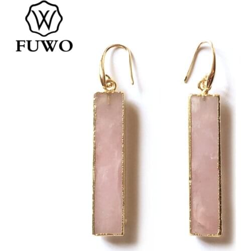 FUWO Female Elegant Rose Pink Quartz Drop Earrings Rectangle Gold Trimmed Earrings For Women Party Wedding Gift Wholesale ER257