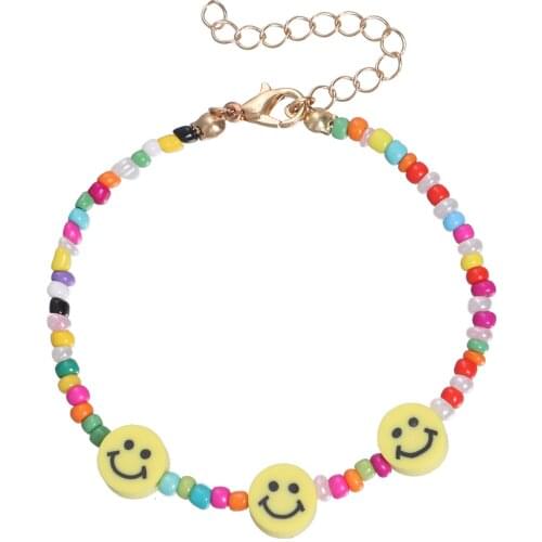Yellow Smiley Face Rice Beads Beaded Bracelet for Women Colorful Gold Color Lobster Buckle Hand Chain 2021 Fashion Jewelry New