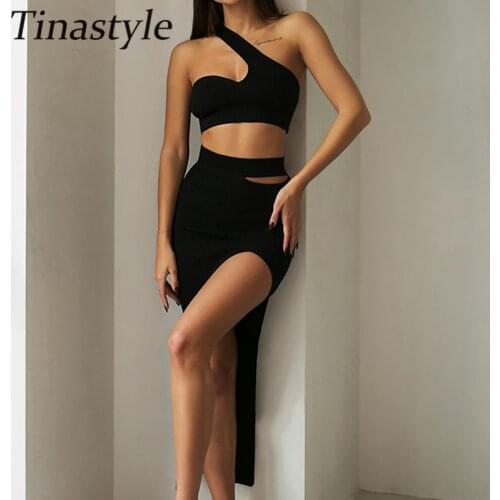 Tinastyle Solid Two Piece Set Dress Women Outfits One Shoulder Sleeveless Sexy Crop Top And High Waist Split Bodycon Skirts Set