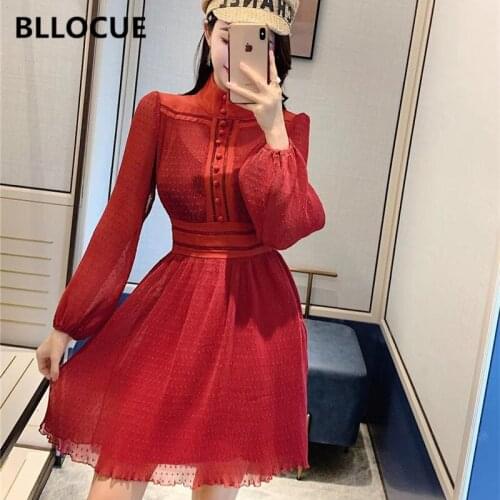 BLLOCUE High Quality Luxury Design Runway Women Dress Stand Collar Lantern Sleeve Single-breasted Red Polka Dot Lace Dress